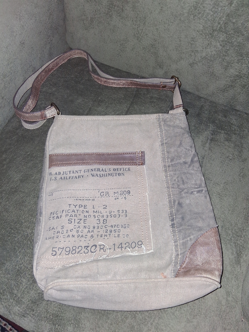 Mona B Beige Canvas Crossbody Shoulder Bag with Brown Accents